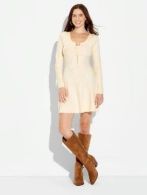 Wild Fable Cream Long-Sleeve Above The Knee Dress with Tie Front